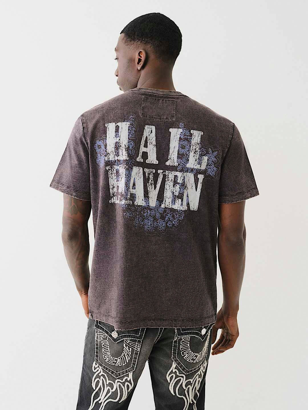 True Religion Men Black Printed Round Neck Short Sleeves Tshirt