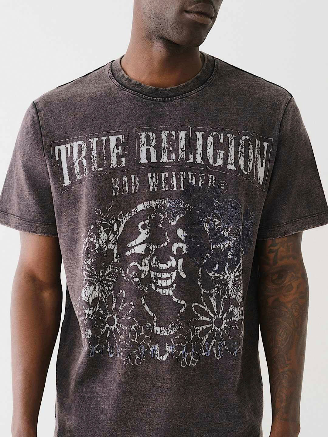 True Religion Men Black Printed Round Neck Short Sleeves Tshirt