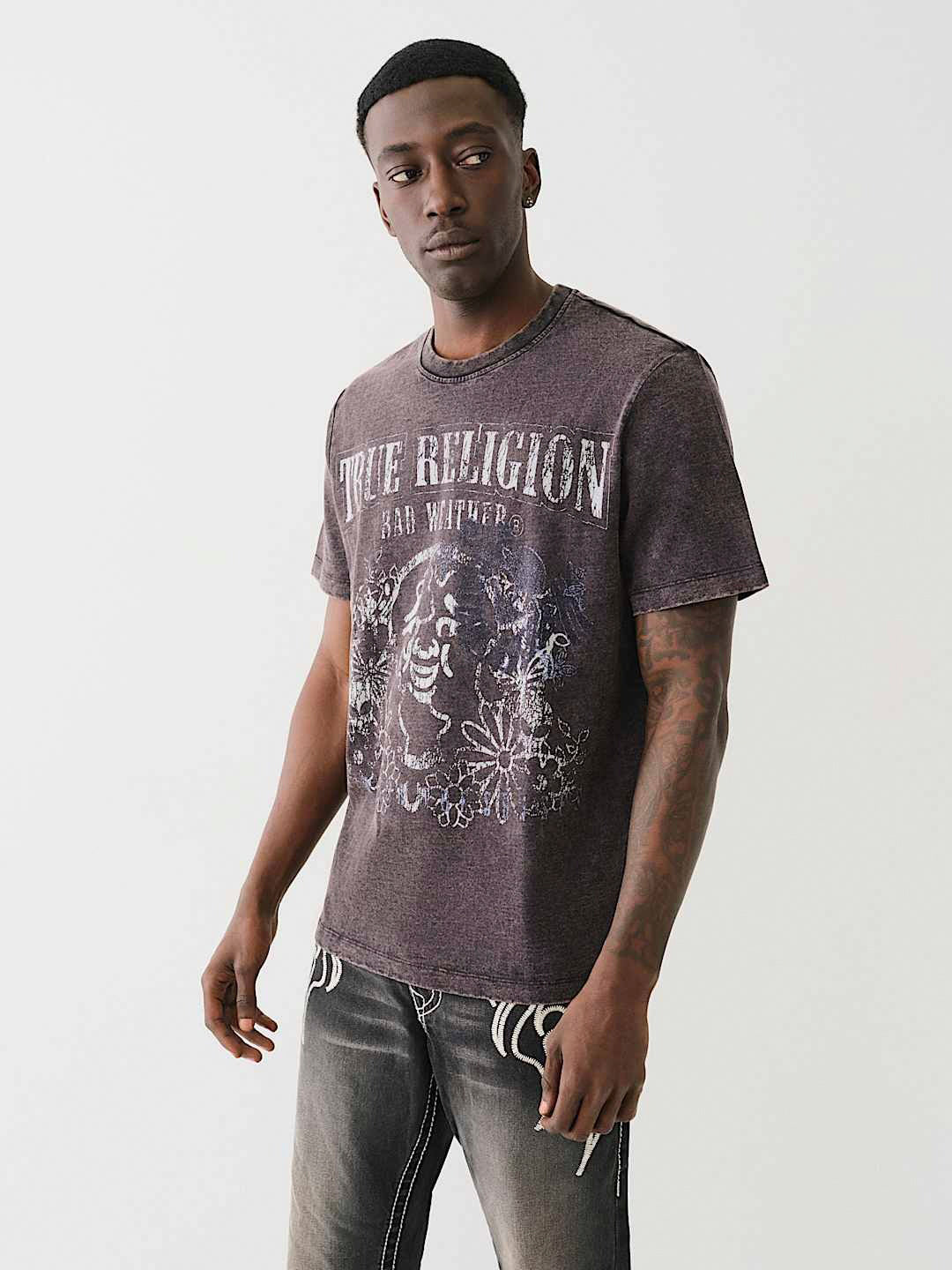 True Religion Men Black Printed Round Neck Short Sleeves Tshirt