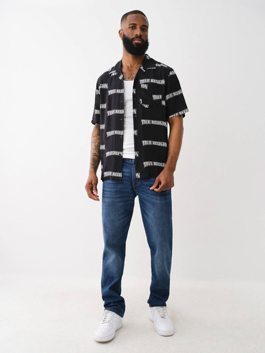 True Religion Men Black Printed Cuban Collar Short Sleeves Shirt