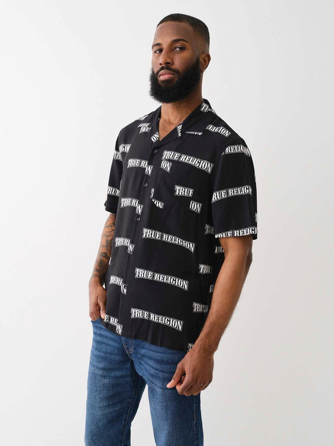 True Religion Men Black Printed Cuban Collar Short Sleeves Shirt