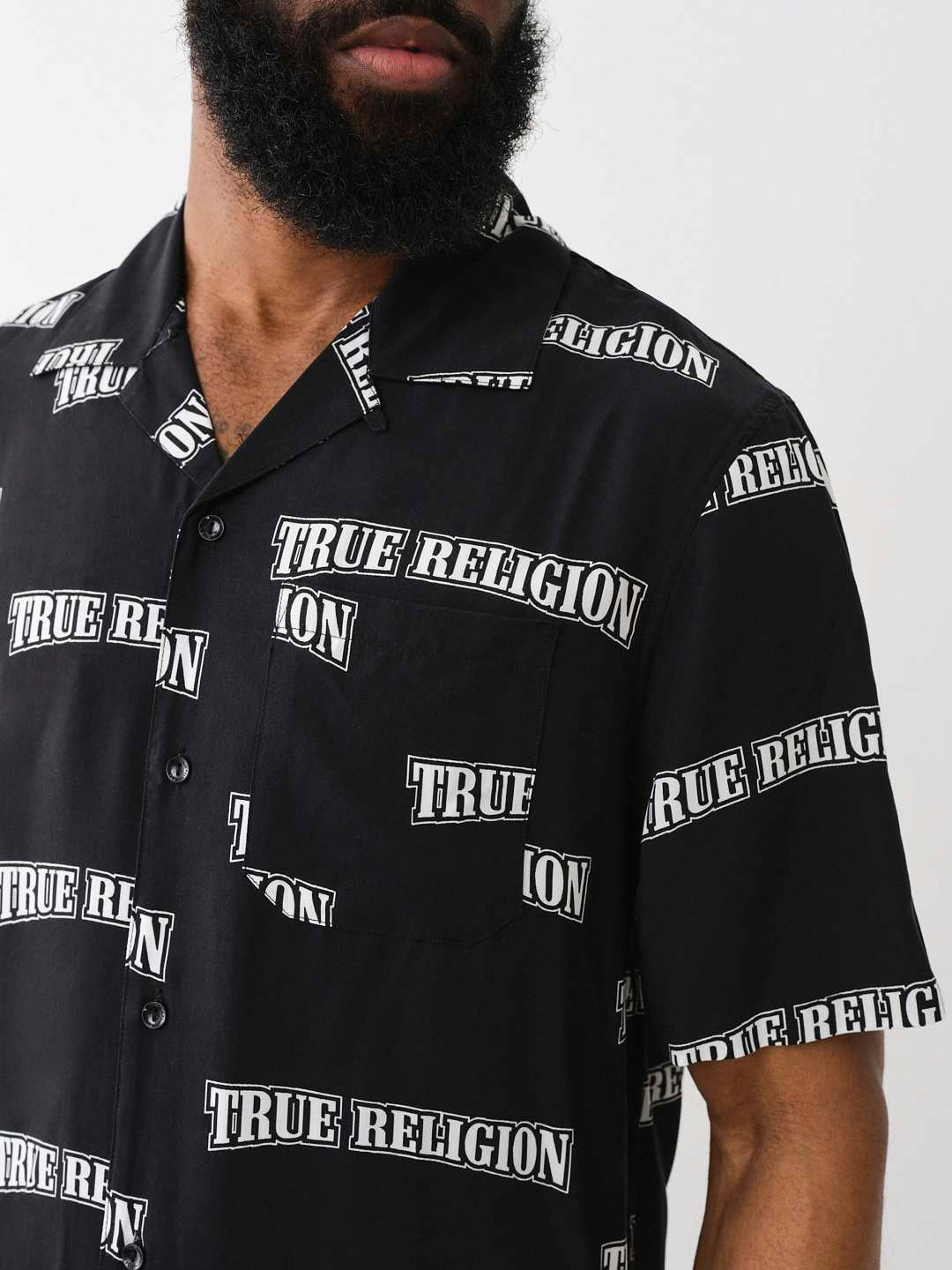 True Religion Men Black Printed Cuban Collar Short Sleeves Shirt