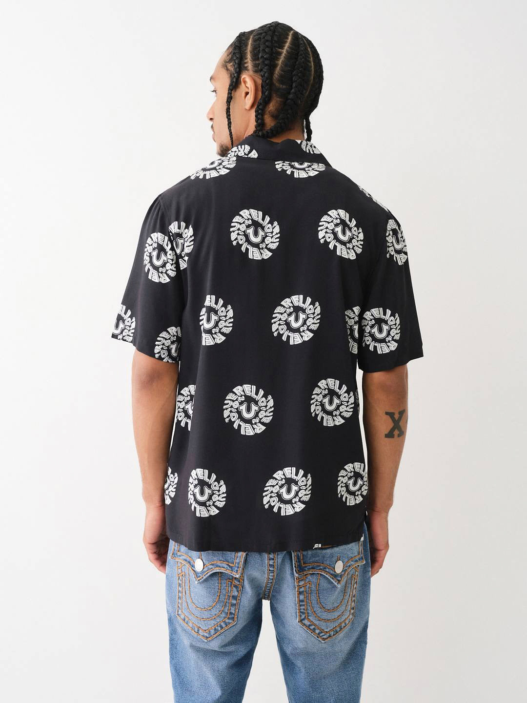 True Religion Men Black Printed Cuban Collar Short Sleeves Shirt