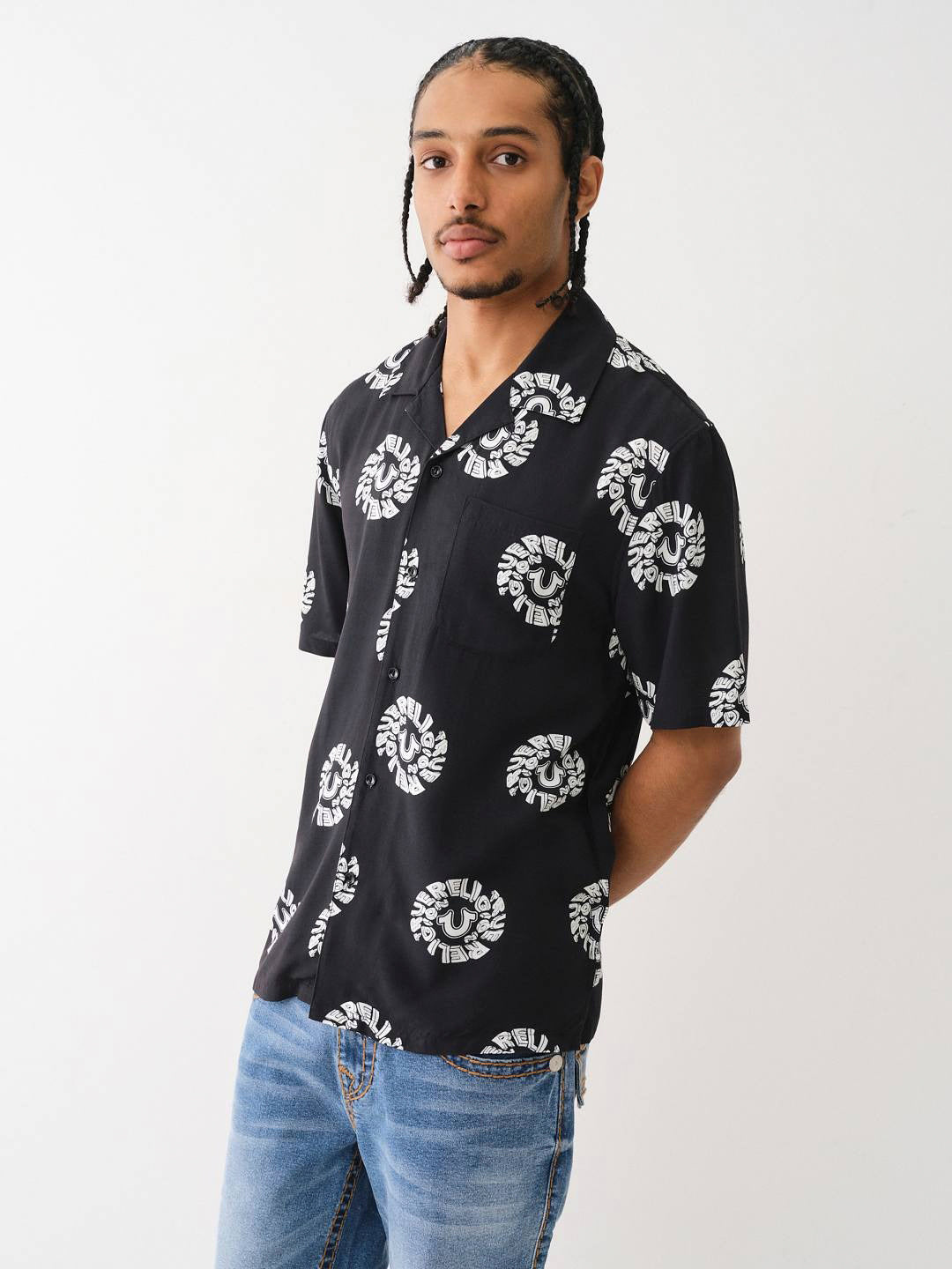 True Religion Men Black Printed Cuban Collar Short Sleeves Shirt