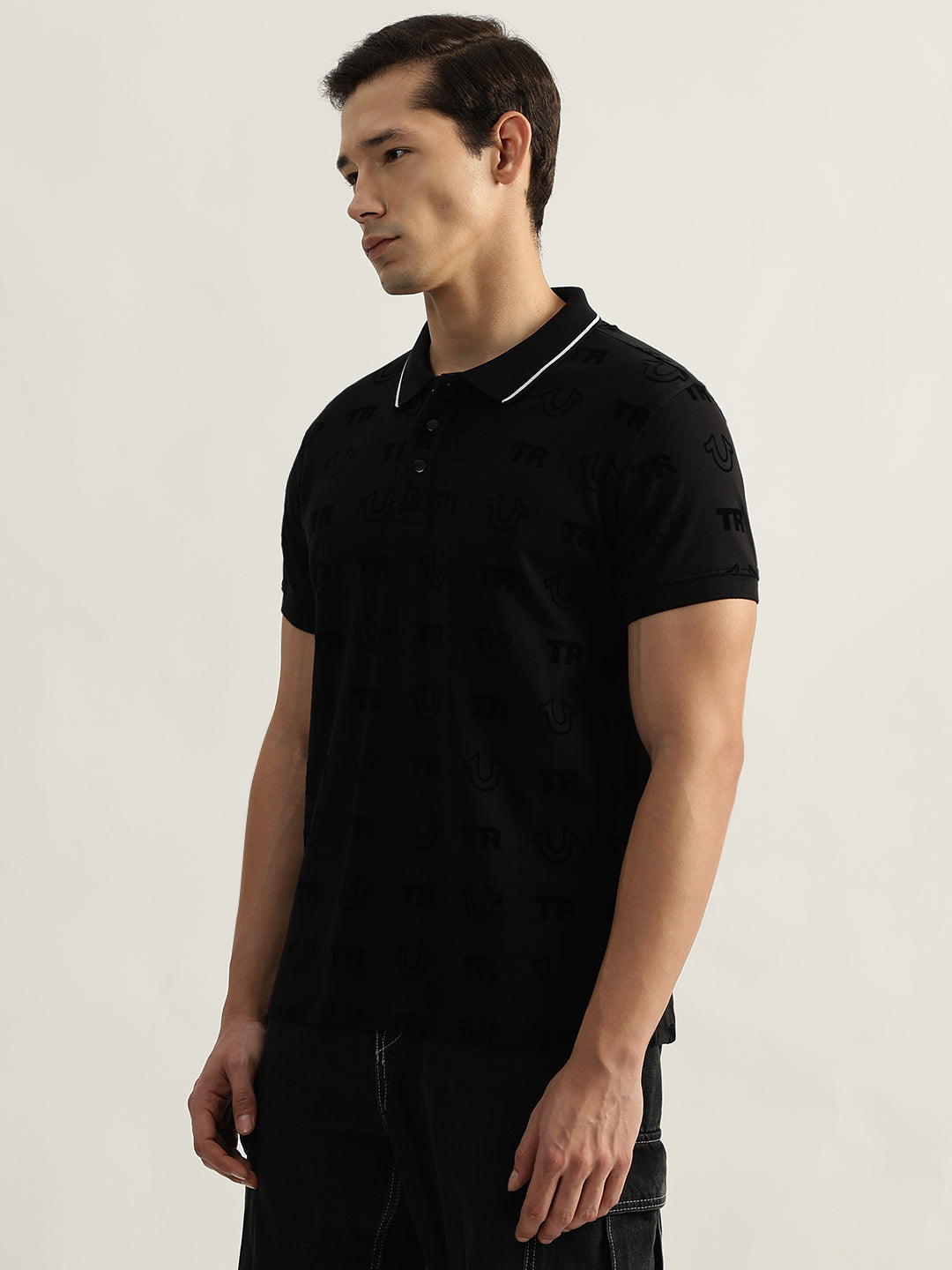 True Religion Men Black Printed Polo Collar Short Sleeves Tshirt