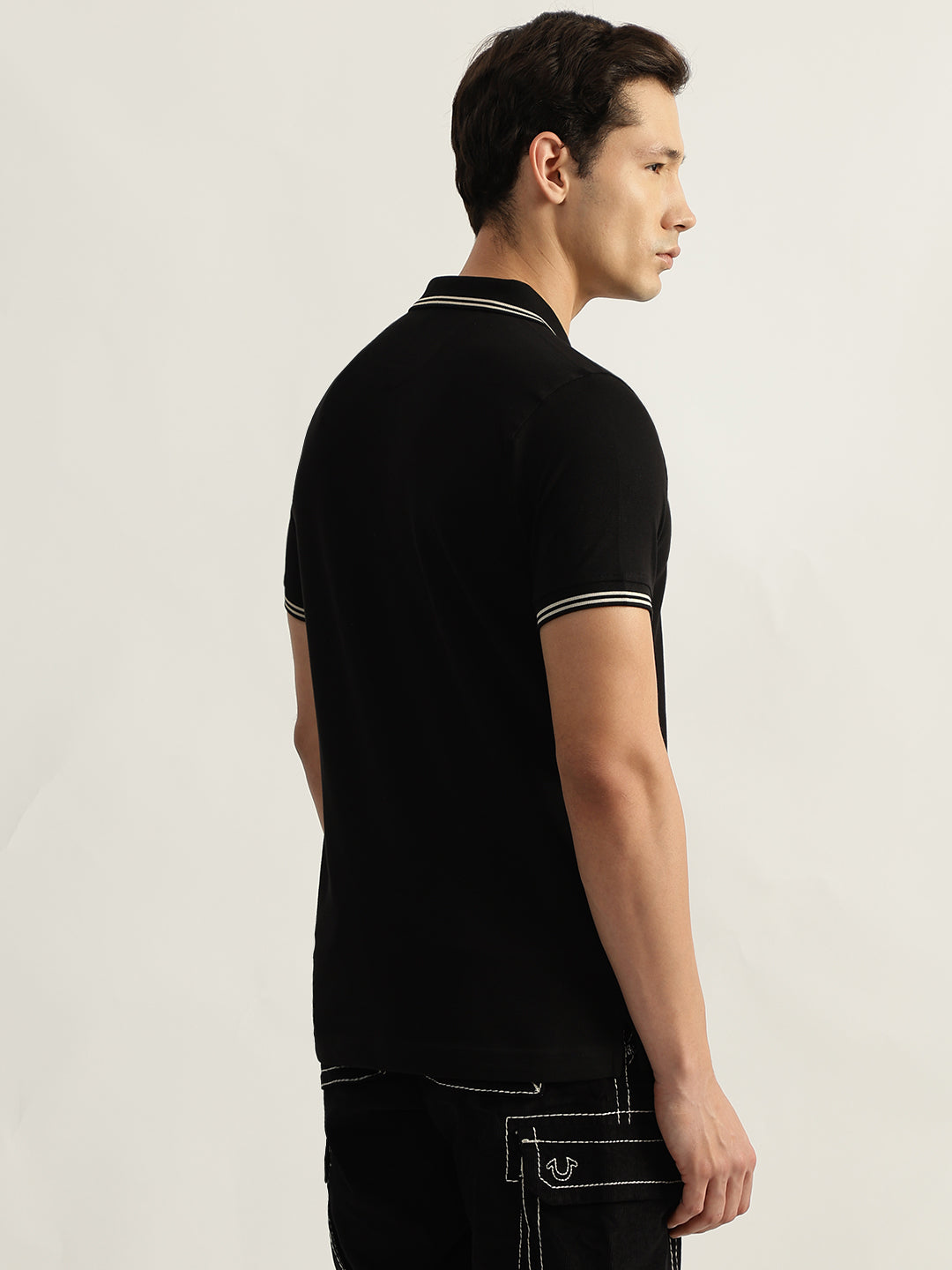 True Religion Men Black Solid Polo Collar Short Sleeves Tshirt