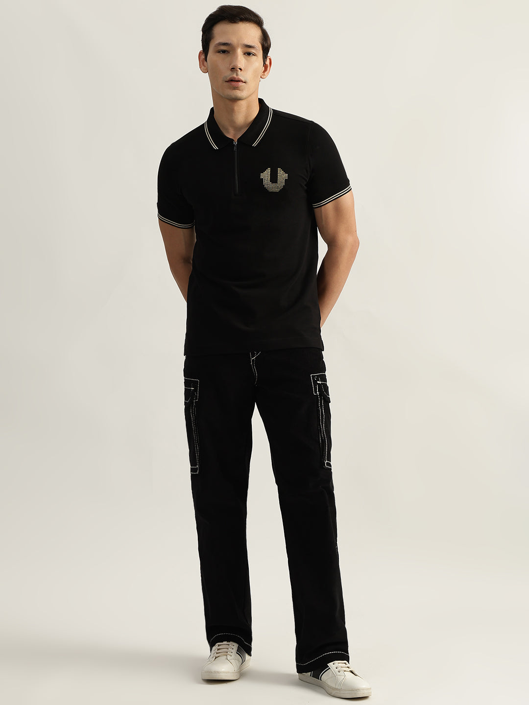 True Religion Men Black Solid Polo Collar Short Sleeves Tshirt