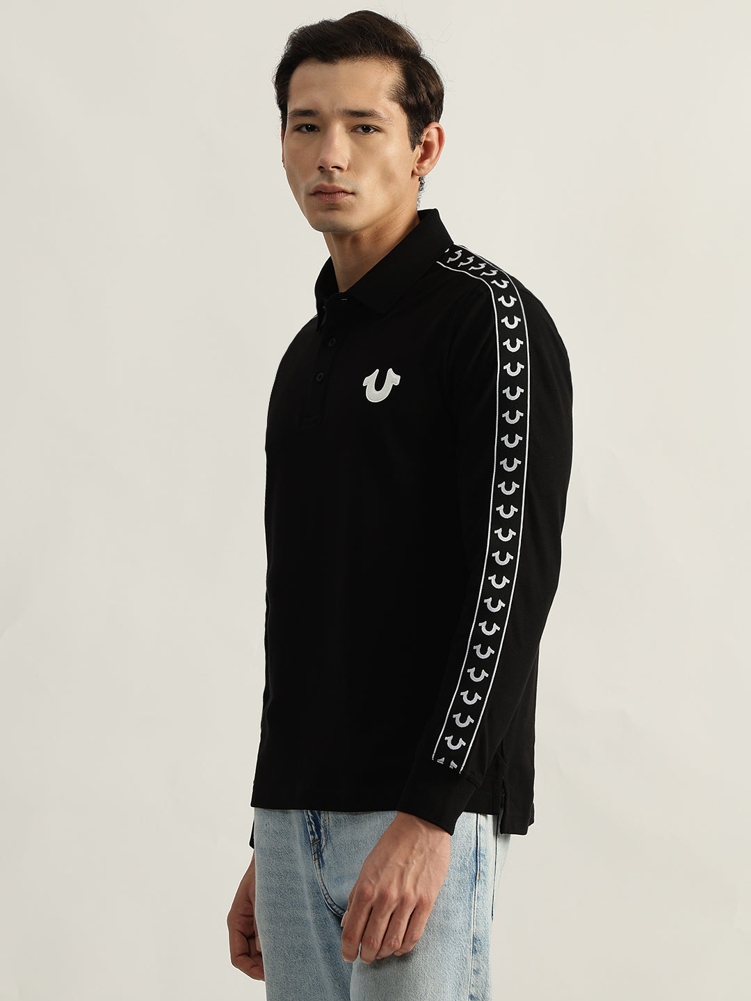 True Religion Men Black Solid Polo Collar Full Sleeves Tshirt