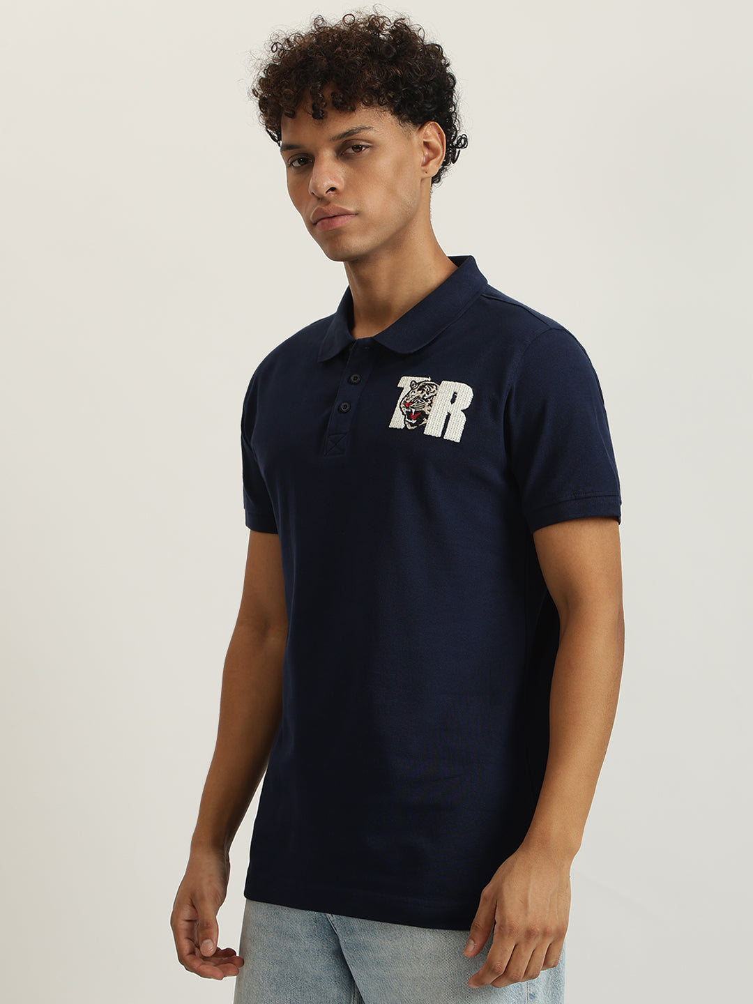 True Religion Men Navy Blue Solid Collared Short Sleeves Polo Tshirt
