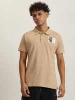 True Religion Men Beige Solid Collared Short Sleeves Polo Tshirt