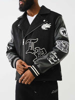 True Religion Men Black Printed Notched Collar Full Sleeves Varsity Jacket