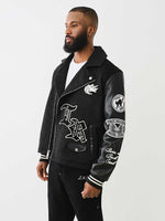 True Religion Men Black Printed Notched Collar Full Sleeves Varsity Jacket