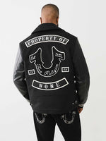 True Religion Men Black Printed Notched Collar Full Sleeves Varsity Jacket