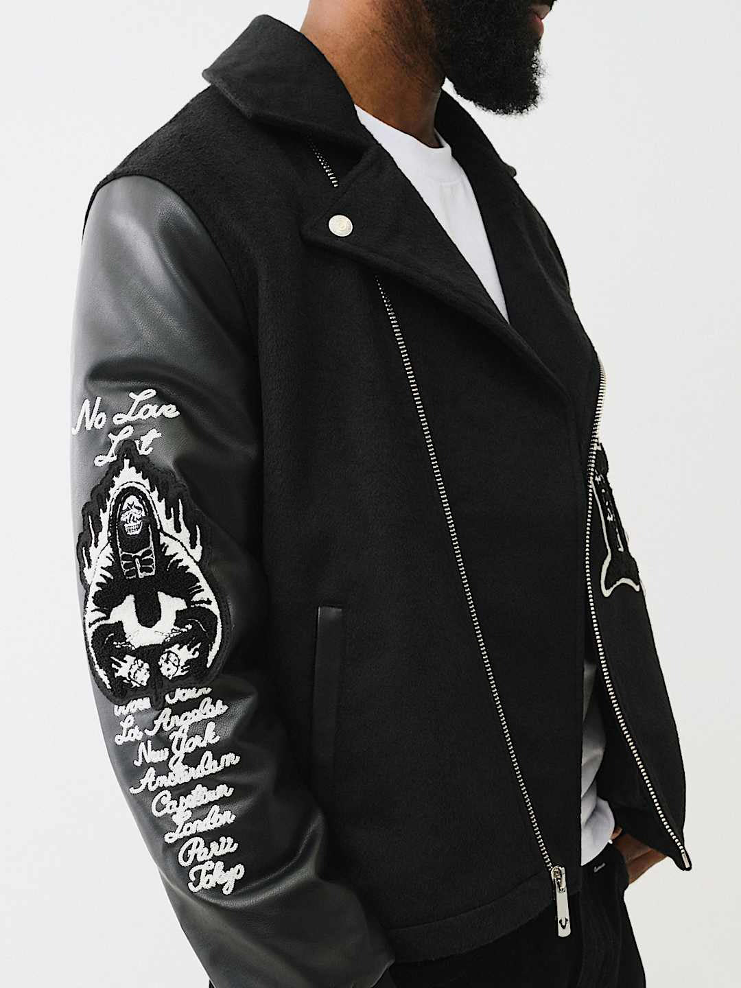True Religion Men Black Printed Notched Collar Full Sleeves Varsity Jacket