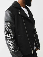 True Religion Men Black Printed Notched Collar Full Sleeves Varsity Jacket