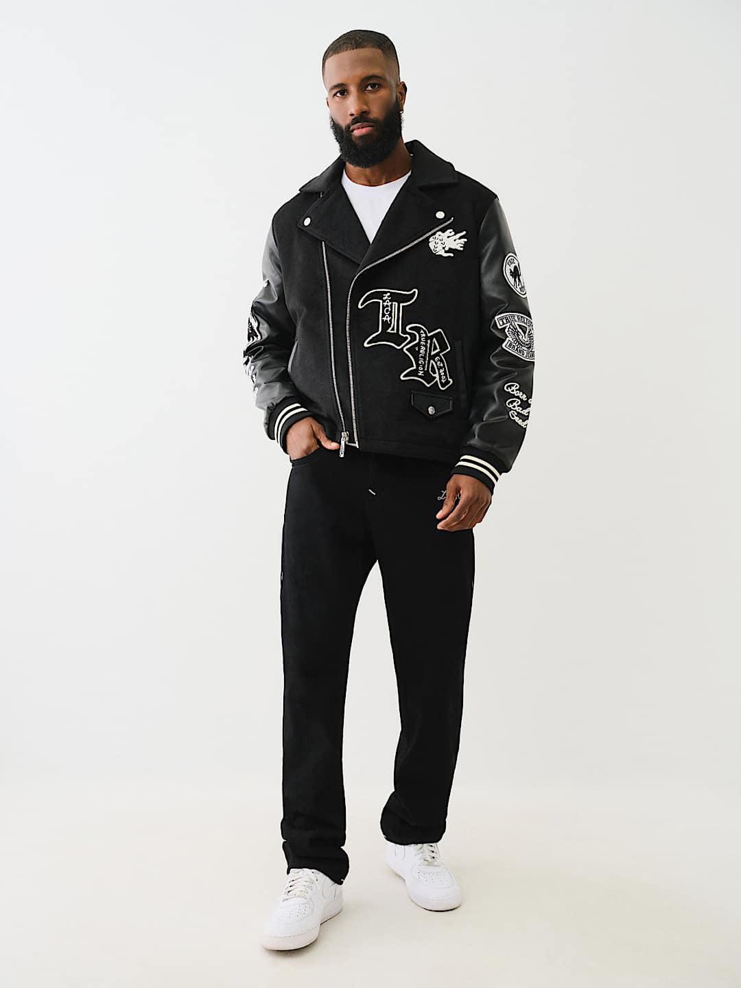 True Religion Men Black Printed Notched Collar Full Sleeves Varsity Jacket