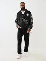 True Religion Men Black Printed Notched Collar Full Sleeves Varsity Jacket