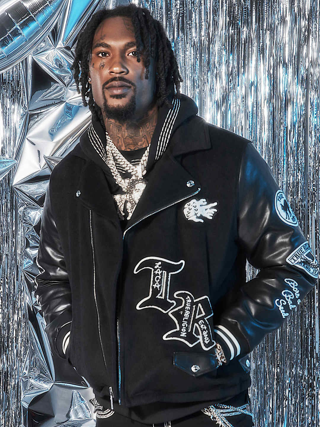 True Religion Men Black Printed Notched Collar Full Sleeves Varsity Jacket