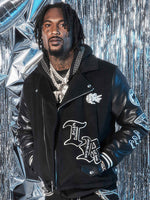 True Religion Men Black Printed Notched Collar Full Sleeves Varsity Jacket