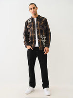 True Religion Mens Black Spread Collar Full Sleeve Patch Work Shirt