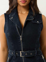 True Religion Women Blue Lapel Sleeveless Denim Bodycon Dress