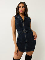 True Religion Women Blue Lapel Sleeveless Denim Bodycon Dress