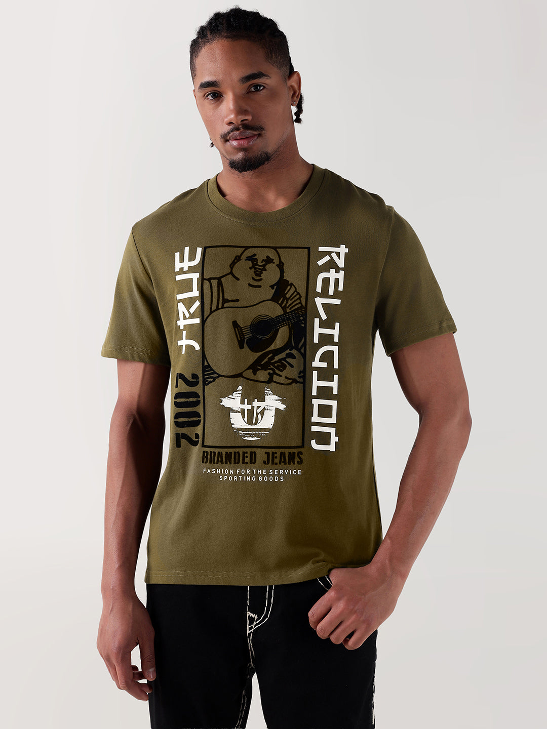 True Religion Men Green Printed Round Neck Regular Fit T Shirt