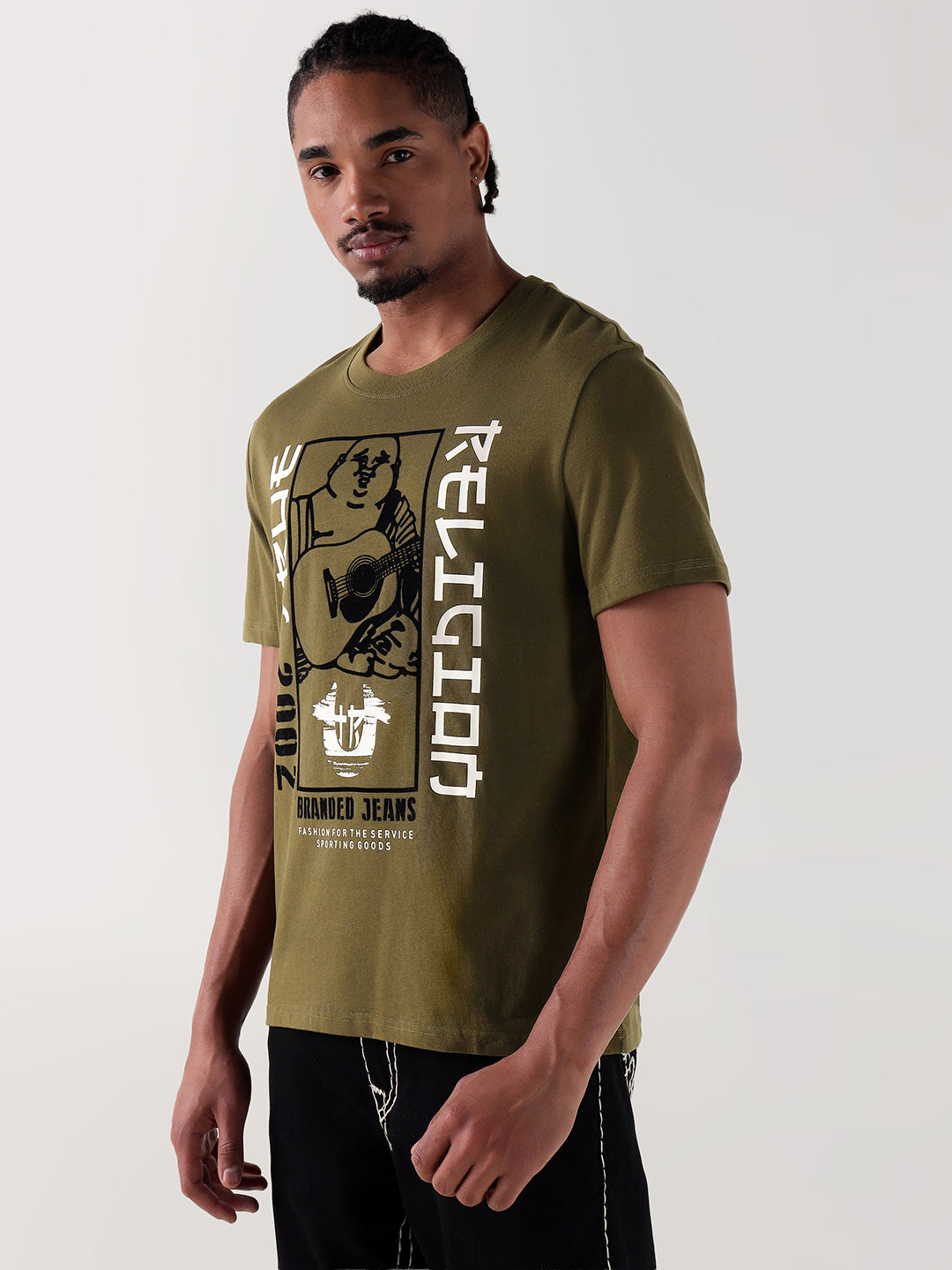 True Religion Men Green Printed Round Neck Regular Fit T Shirt