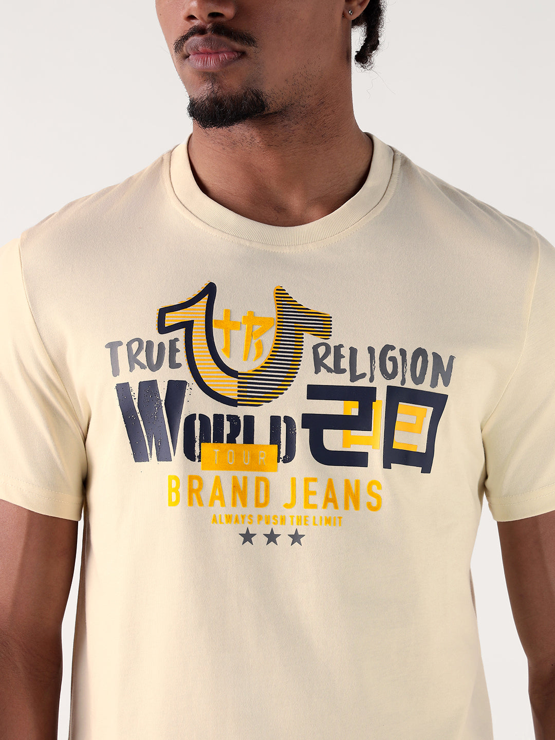 True Religion Men Cream Printed Round Neck Regular Fit T Shirt