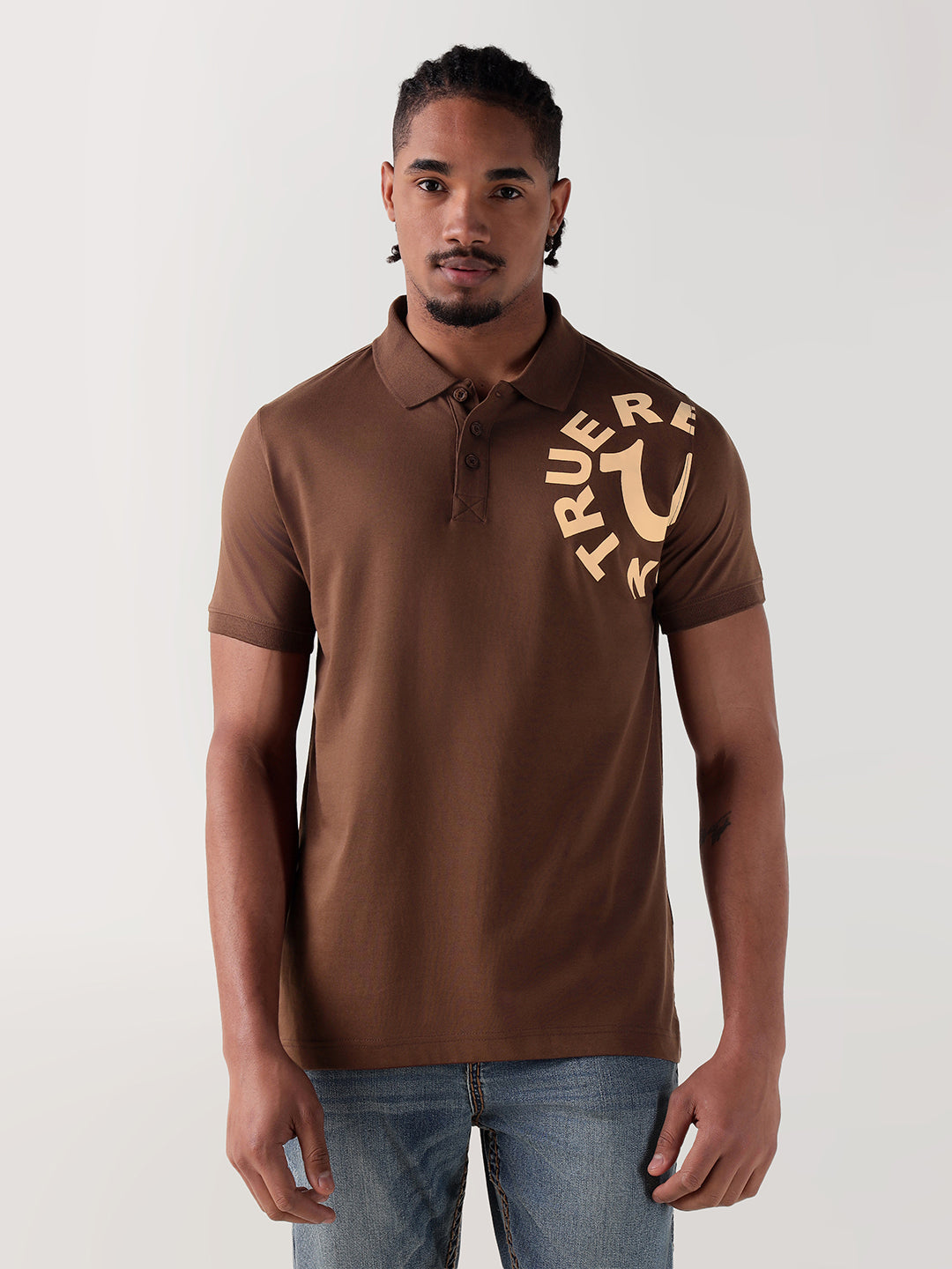 True Religion Men Brown Logo Regular Fit Polo T-Shirt