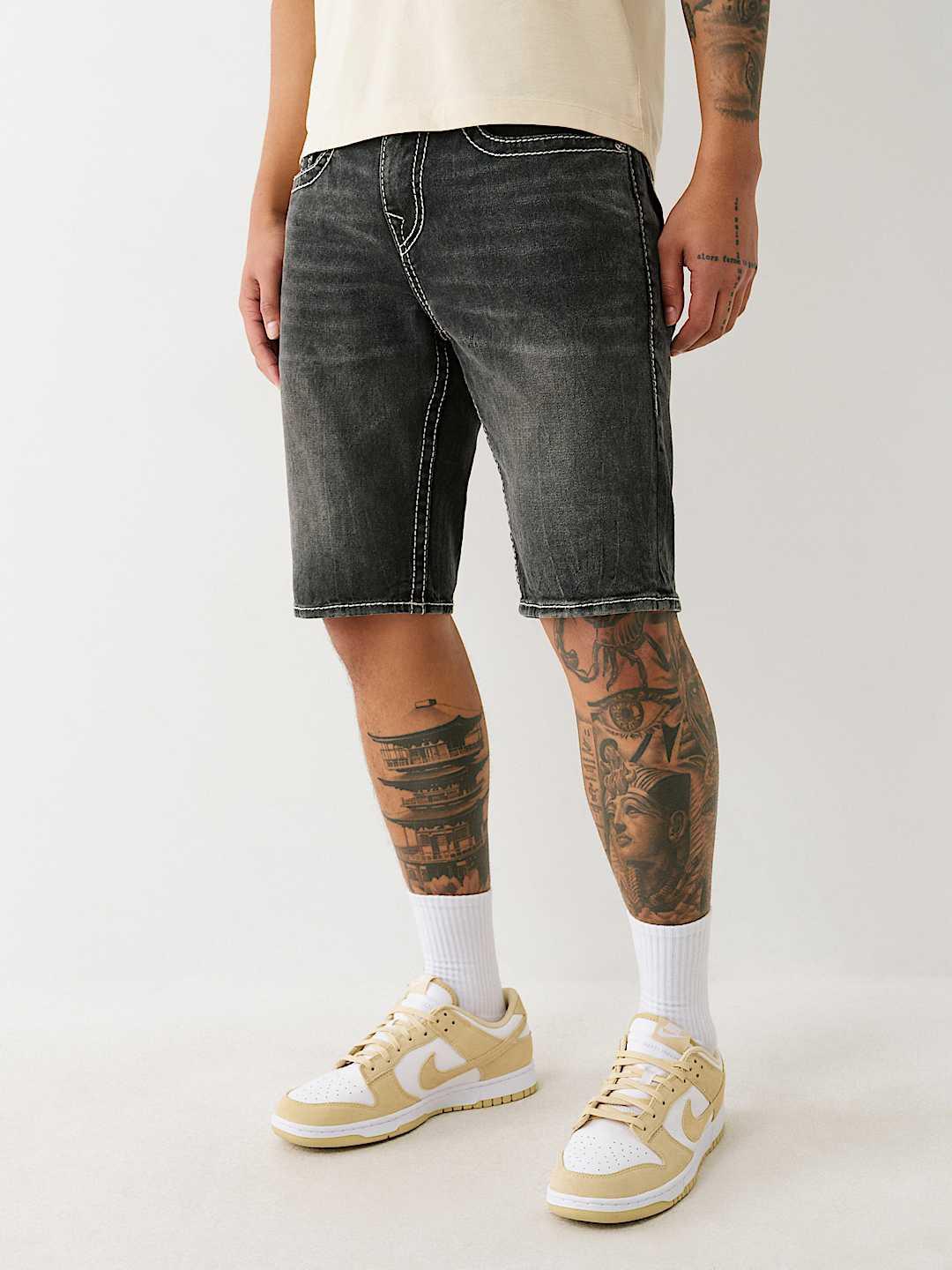 True Religion Men Black Straight Fit Washed Big T Ricky Shorts