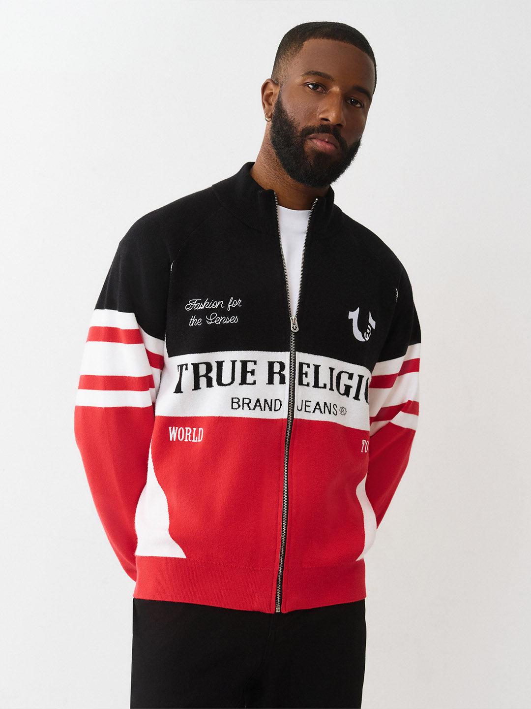 True Religion Men Regular Fit Multicolour Logo Pure Acrylic Sweater