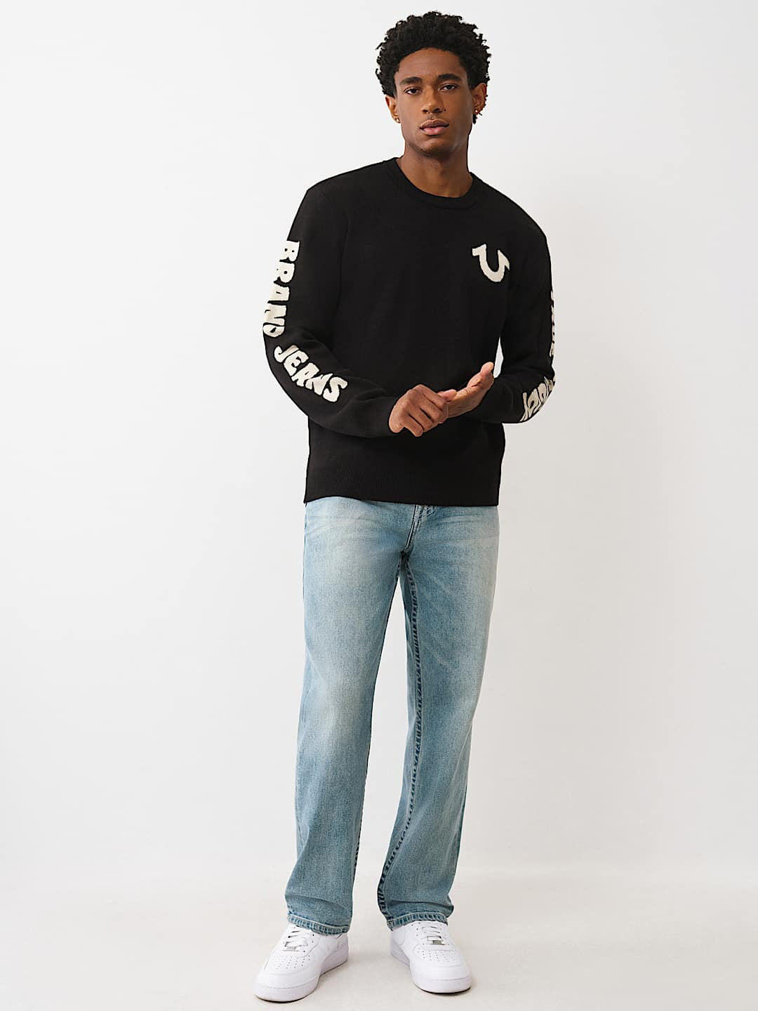 TRUE RELIGION Men Black Acrylic Printed Crew Neck Sweater