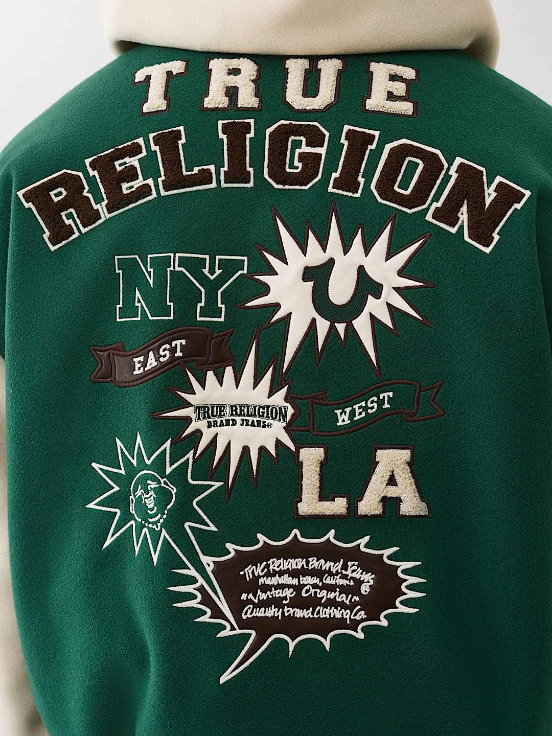 TRUE RELIGION Men Green Embroidered Hooded Fit Varsity Jacket