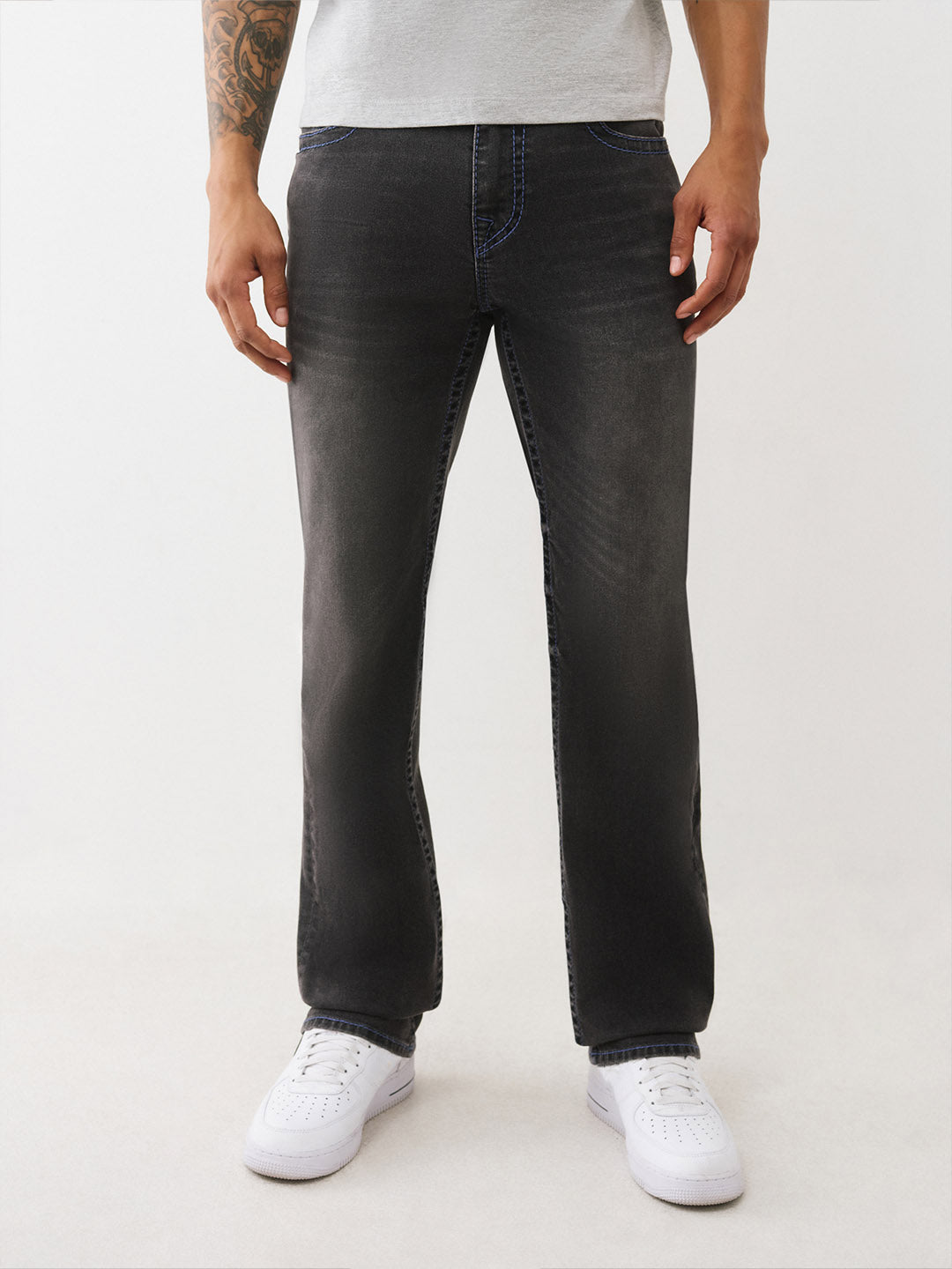 TRUE RELIGION Men Charcoal Grey Big T Straight Fit Jeans