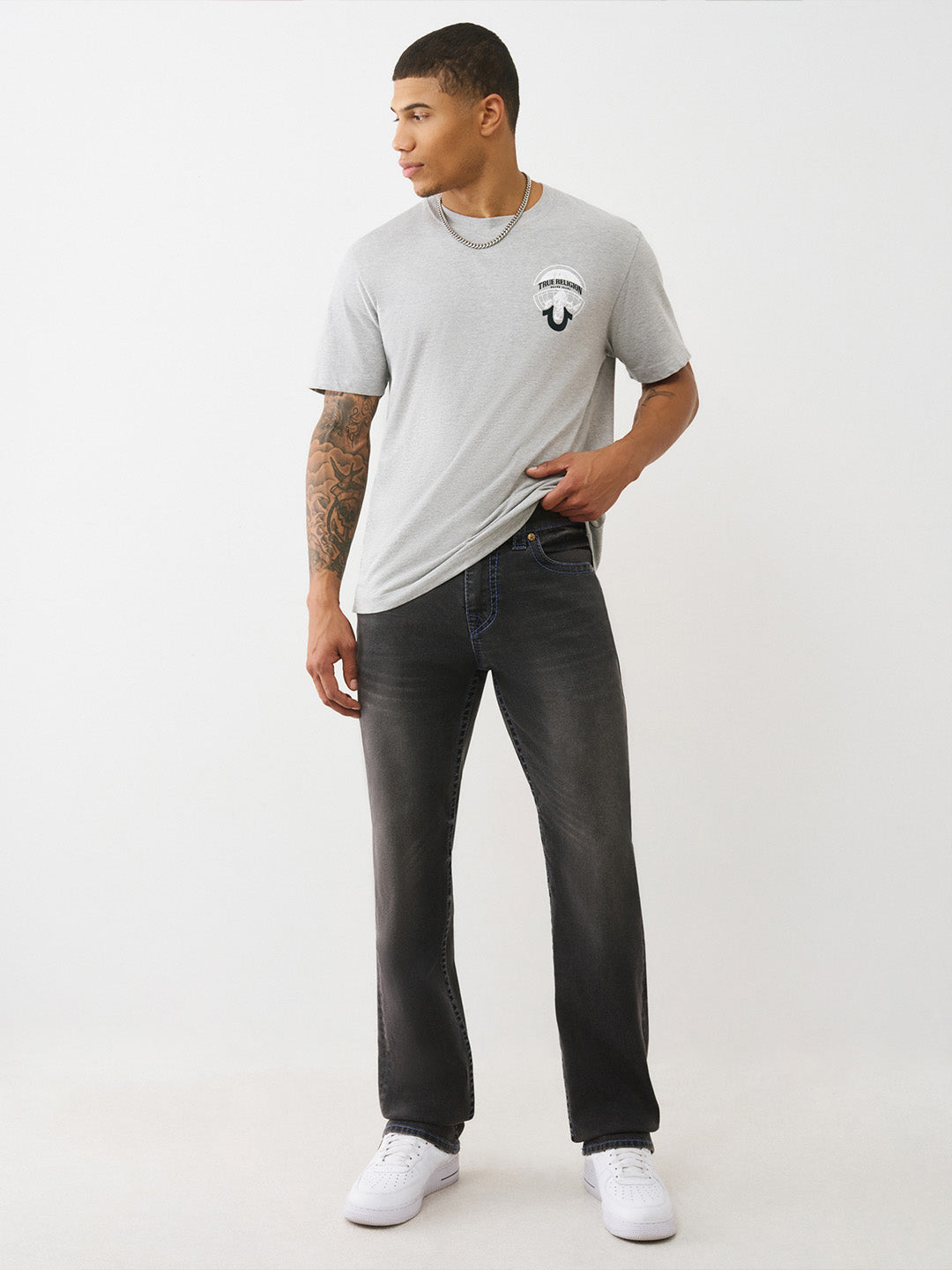 TRUE RELIGION Men Charcoal Grey Big T Straight Fit Jeans