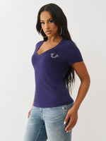 True Religion Women Regular Fit Blue Logo T Shirt