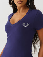 True Religion Women Regular Fit Blue Logo T Shirt