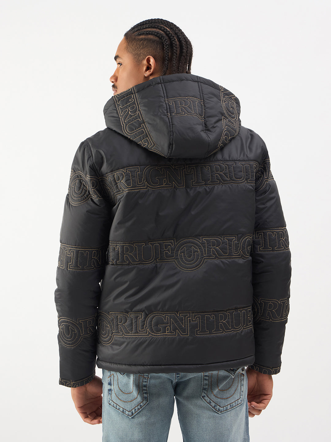 TRUE RELIGION Men Black Embroidered Detachable Hood Jacket