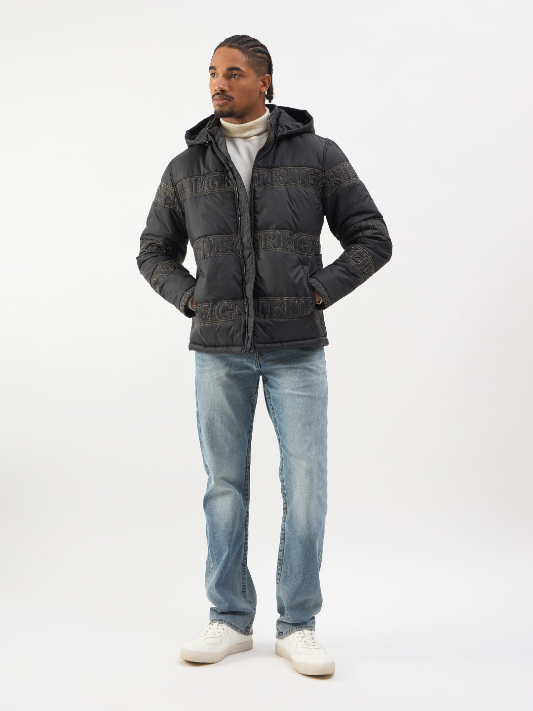 TRUE RELIGION Men Black Embroidered Detachable Hood Jacket