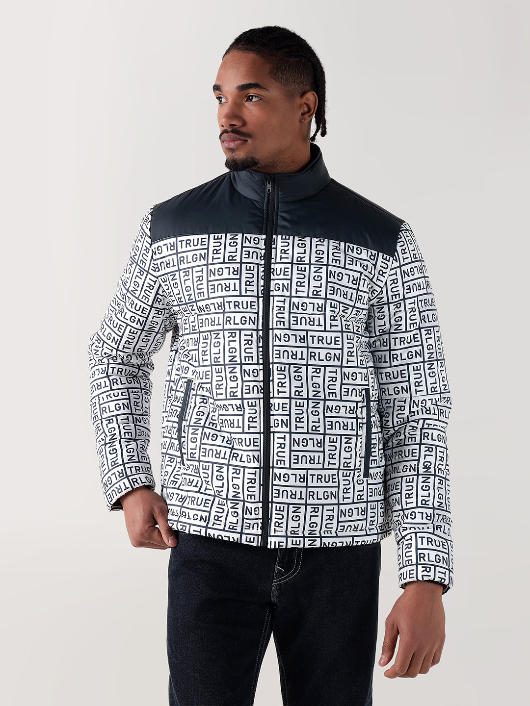 True Religion Men Navy Blue Printed Regular Fit Puffer Jacket