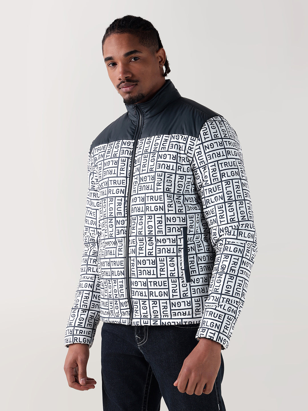 True Religion Men Navy Blue Printed Regular Fit Puffer Jacket