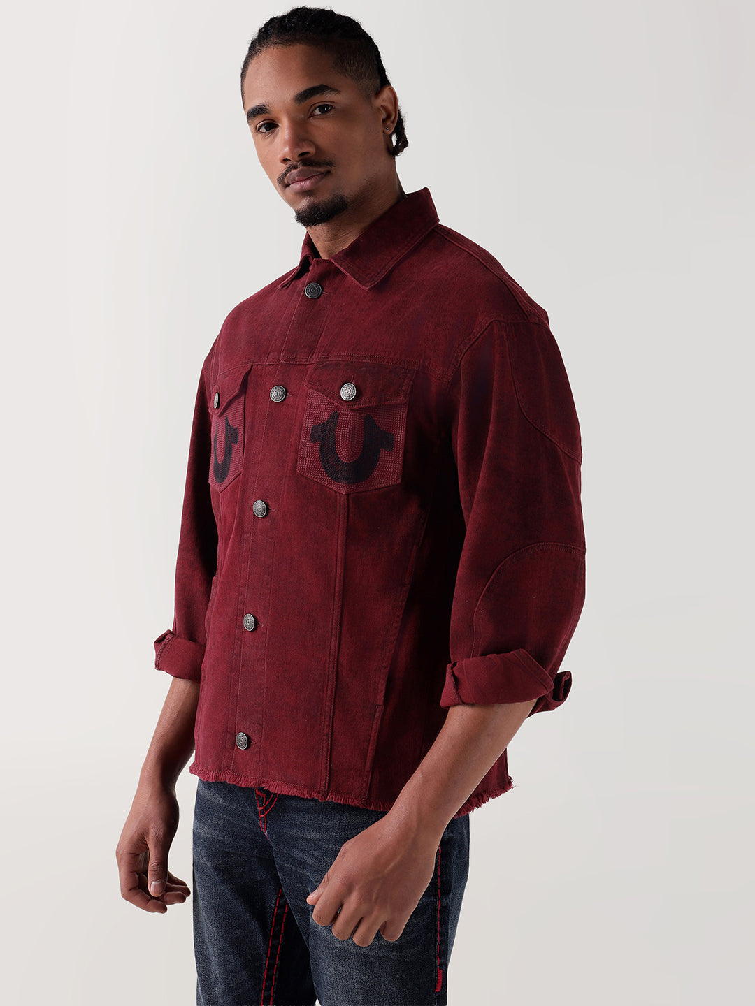 True Religion Men Maroon Relaxed Fit Denim Jacket