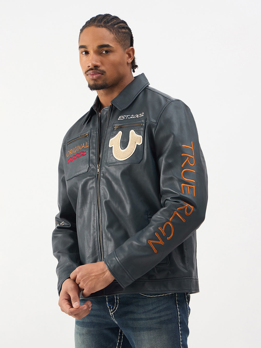 TRUE RELIGION Men Blue Embroidered Leather Jacket