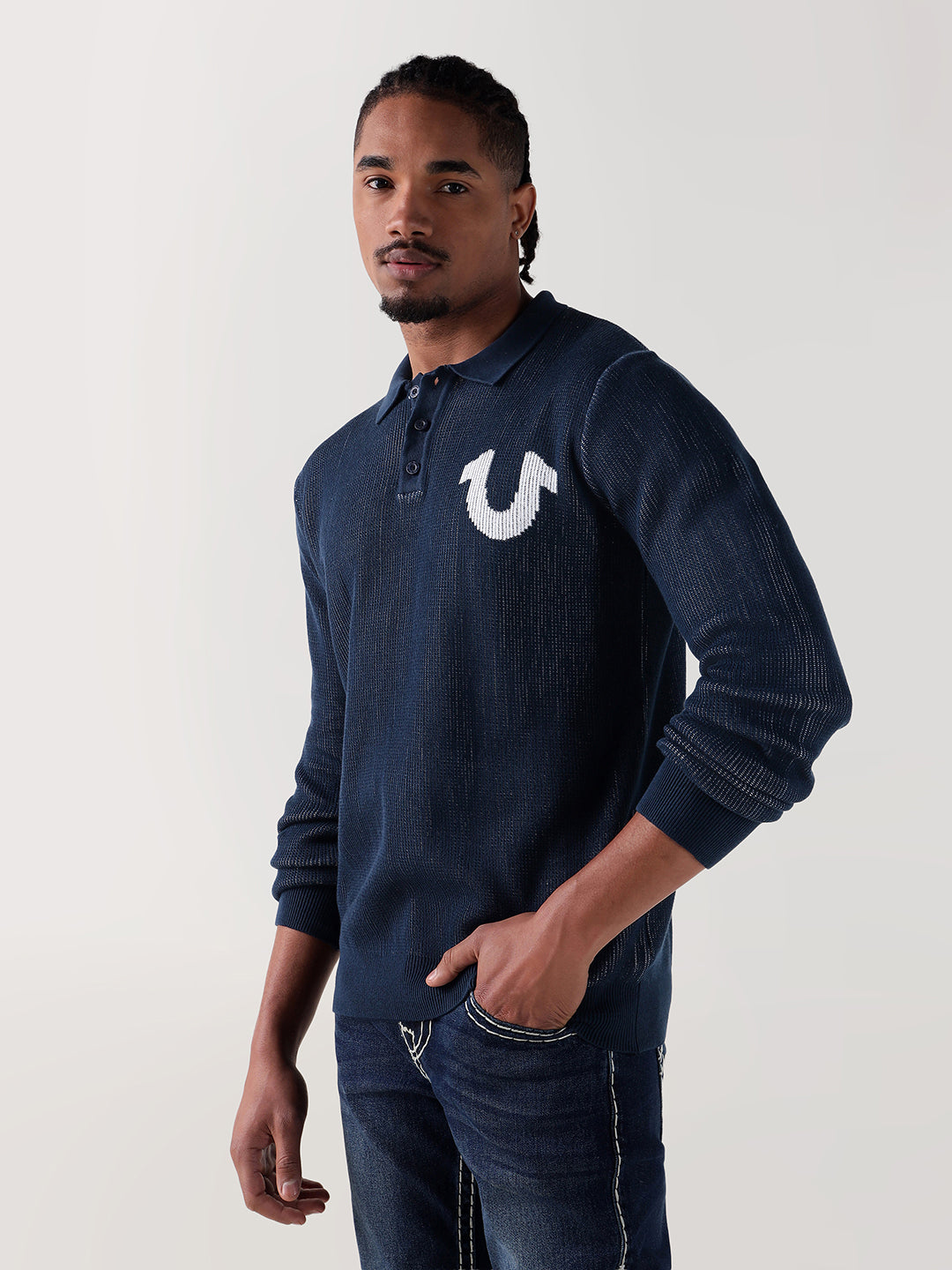 TRUE RELIGION Men Navy Blue Textured Regular Fit Polo T-Shirt