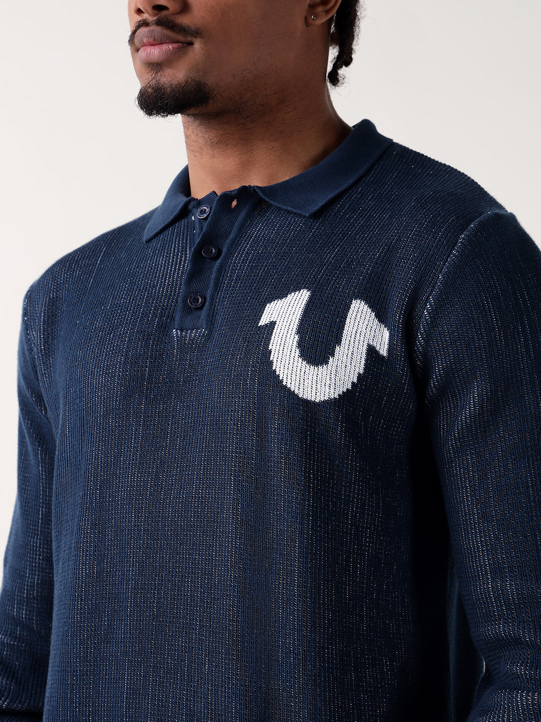TRUE RELIGION Men Navy Blue Textured Regular Fit Polo T-Shirt