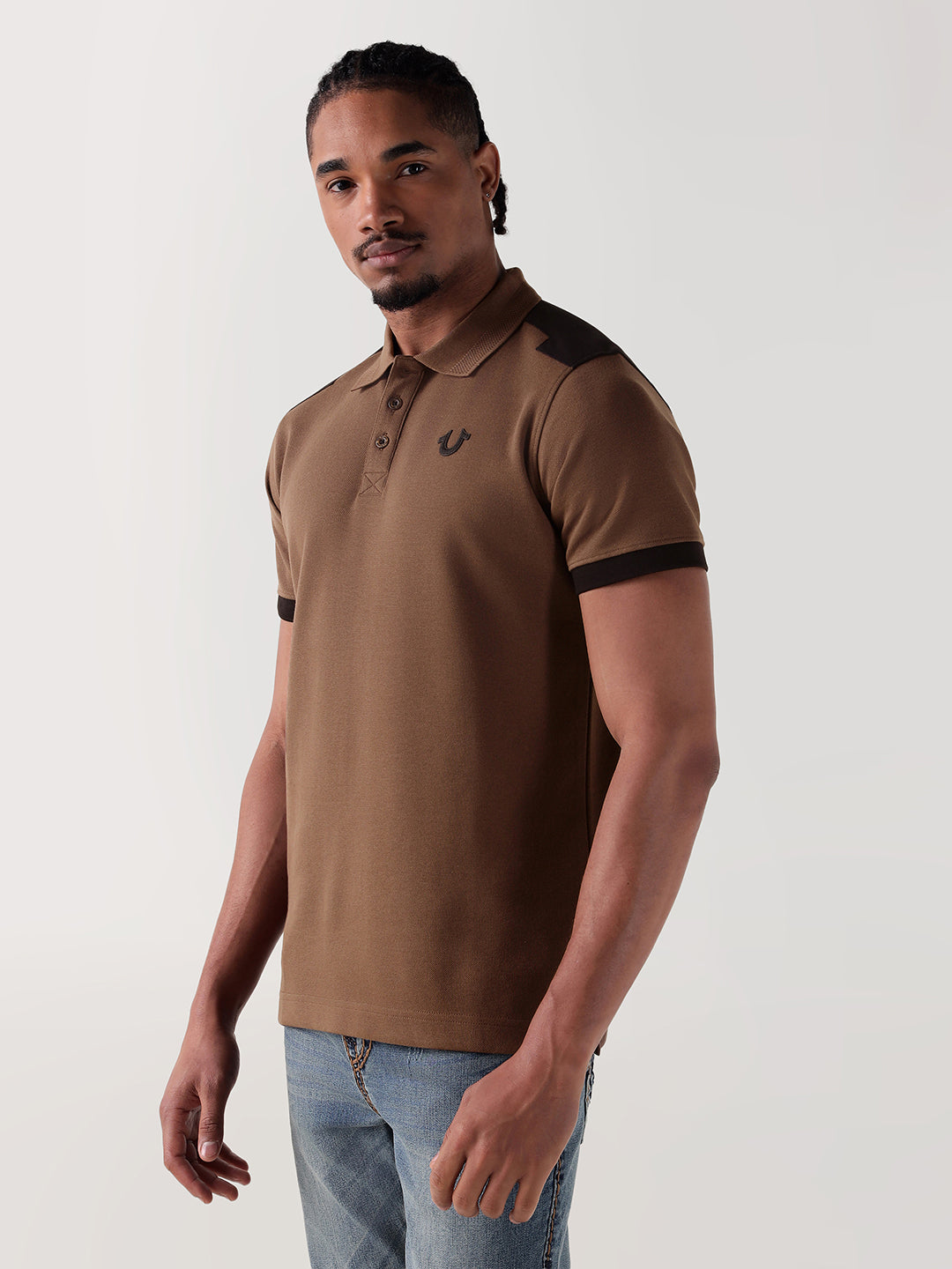 TRUE RELIGION Men Brown Logo Regular Fit Polo T-Shirt