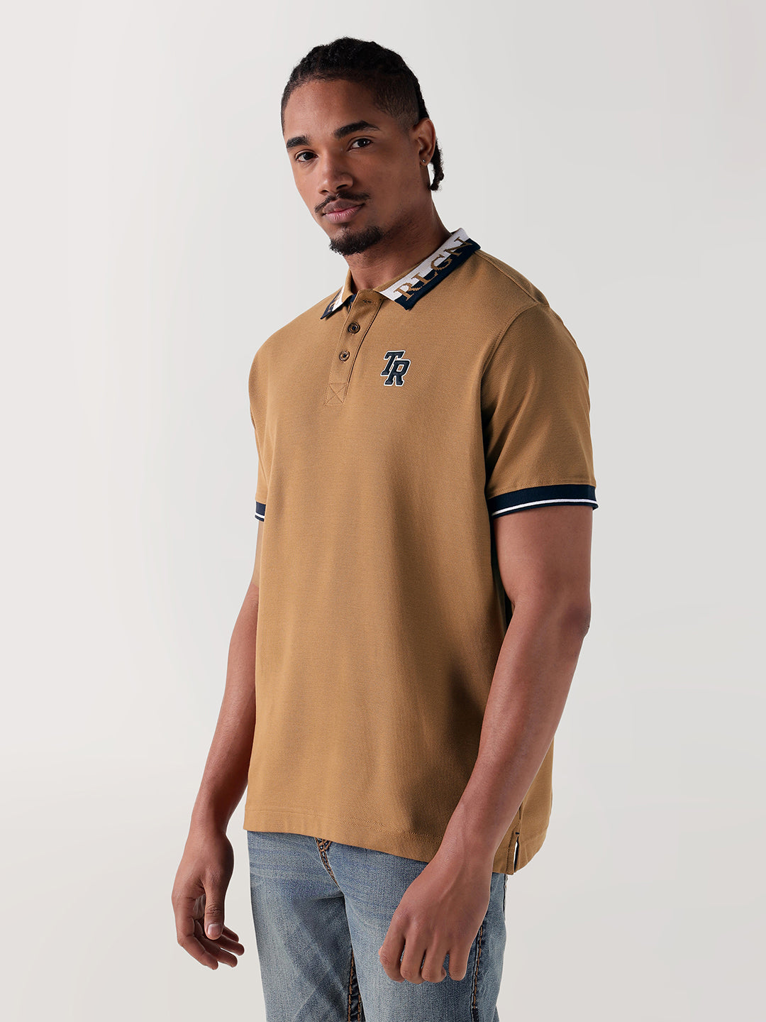 TRUE RELIGION Men Beige Logo Regular Fit Polo T-Shirt