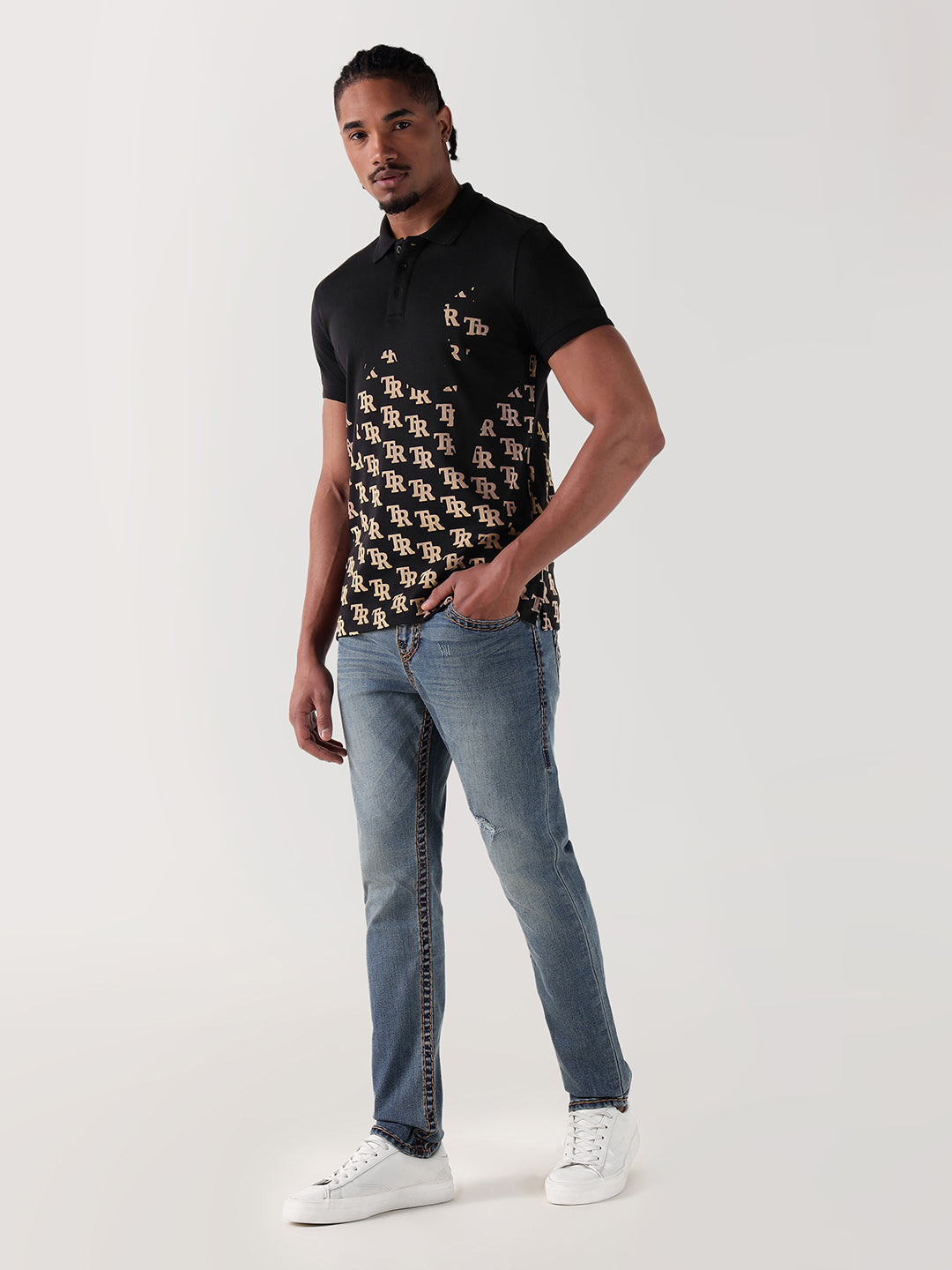 TRUE RELIGION Men Black Printed Regular Fit Polo T-Shirt