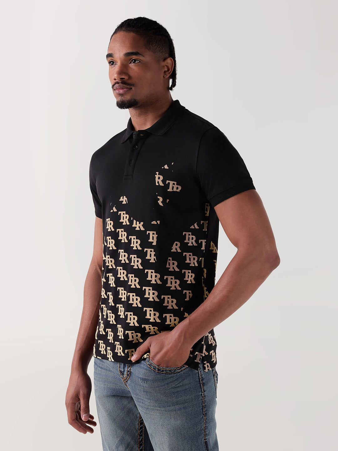 TRUE RELIGION Men Black Printed Regular Fit Polo T-Shirt